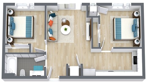 Floor plan for 2 beds, 1 bath, 637 sqft